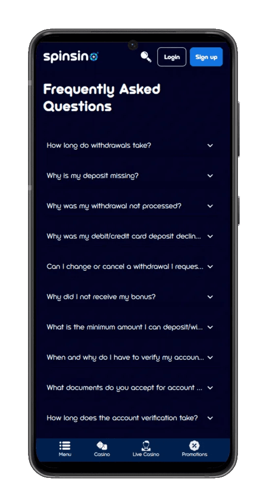 FAQ em Spinsino casino mobile app