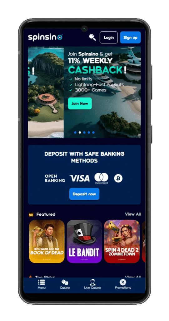 Página principal móvel Spinsino casino